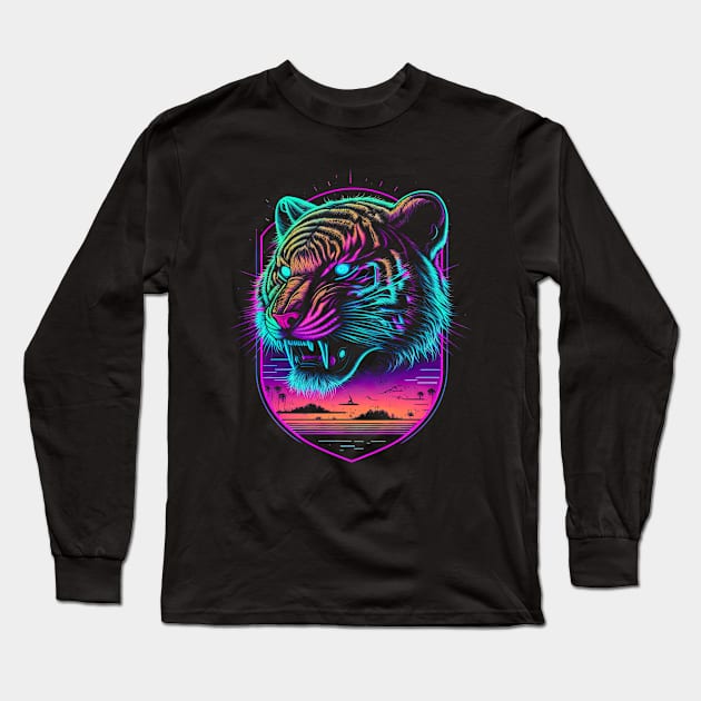 Retrowave Synthwave Tiger Head - 1980's Animal Print Long Sleeve T-Shirt by Odd World